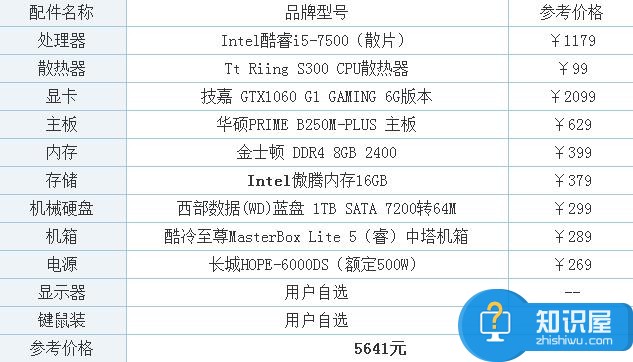 i5-7500配GTX1060游戏电脑配置清单及价格 尝鲜intel傲腾内存