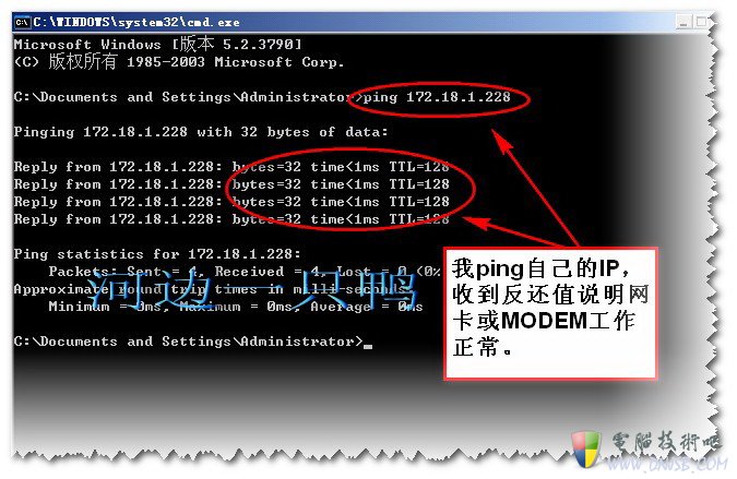 ping自己的IP有反还值说明网卡和MODEM正常