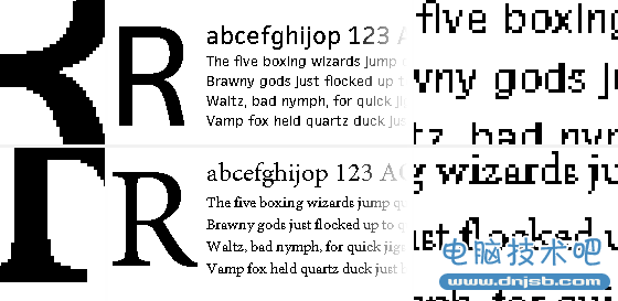 Above: GDI rendering of FacitWeb (above) and Minion Pro (below) with no antialiasing.