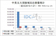 中国五大顶级域名1月第三周增超4万 美国减3.5万个